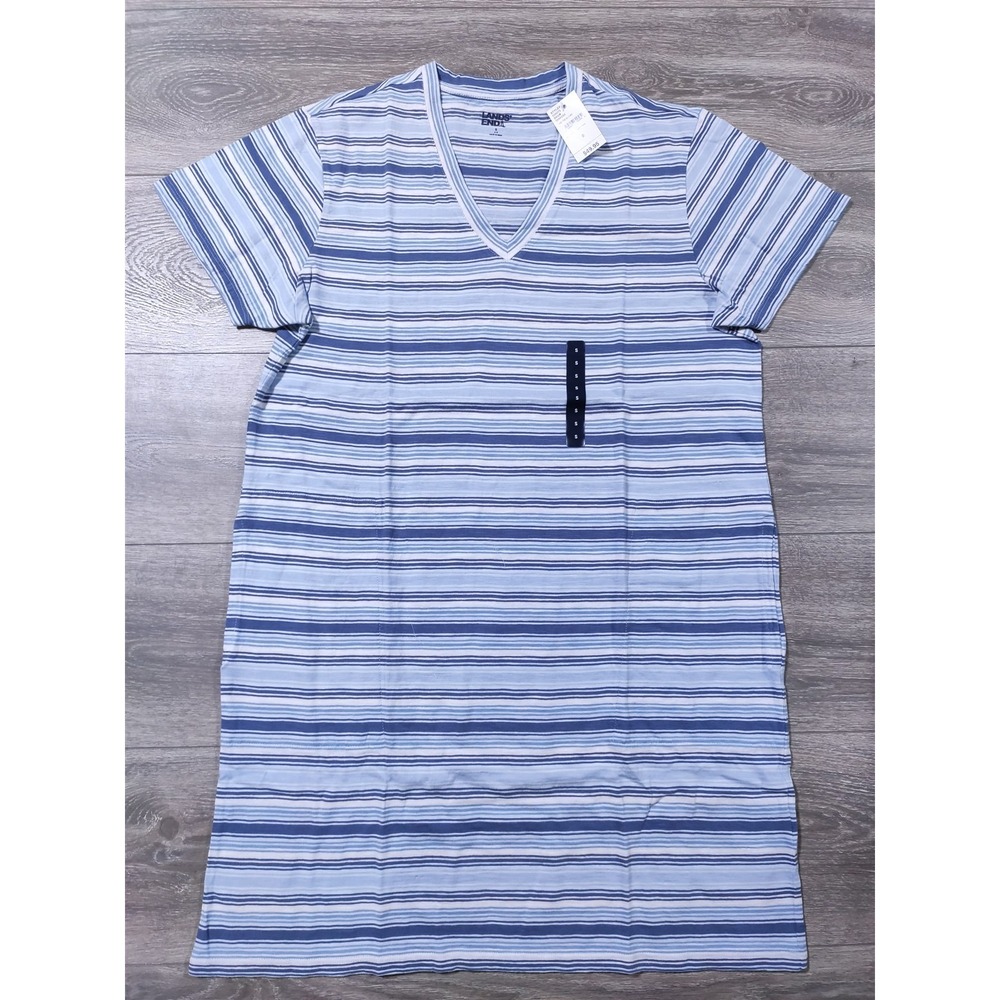 Lands End Dress Women Small 6-8 Blue Striped V-Neck T-Shirt Slub Cotton